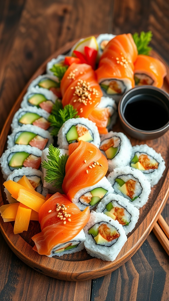 Sushi Go: A Delightful Sushi Roll Recipe A colorful platter of sushi rolls with salmon, avocado, and cucumber, served with soy sauce and garnished with wasabi and pickled ginger.
